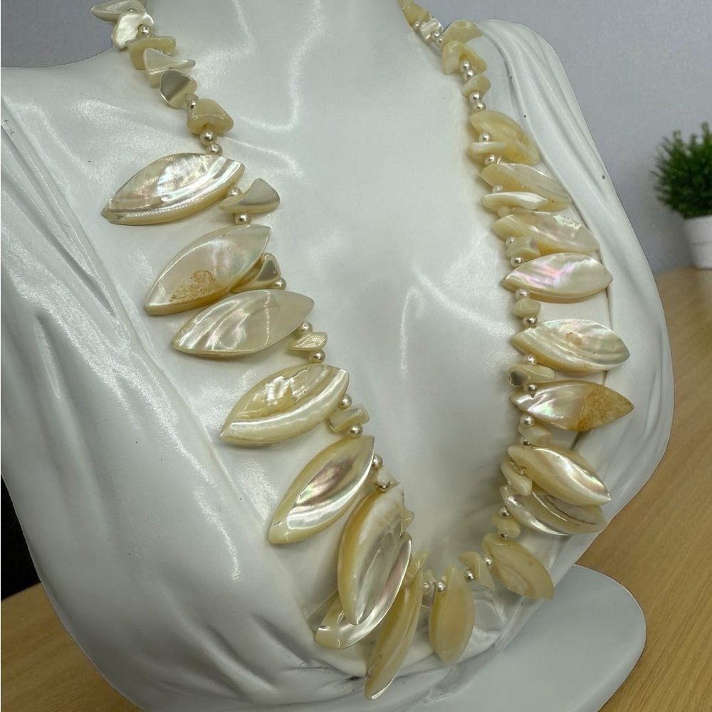 Vintage Mother of Pearl Fan-Shaped Bead Necklace – Signed Japan, Hook Clasp 18”